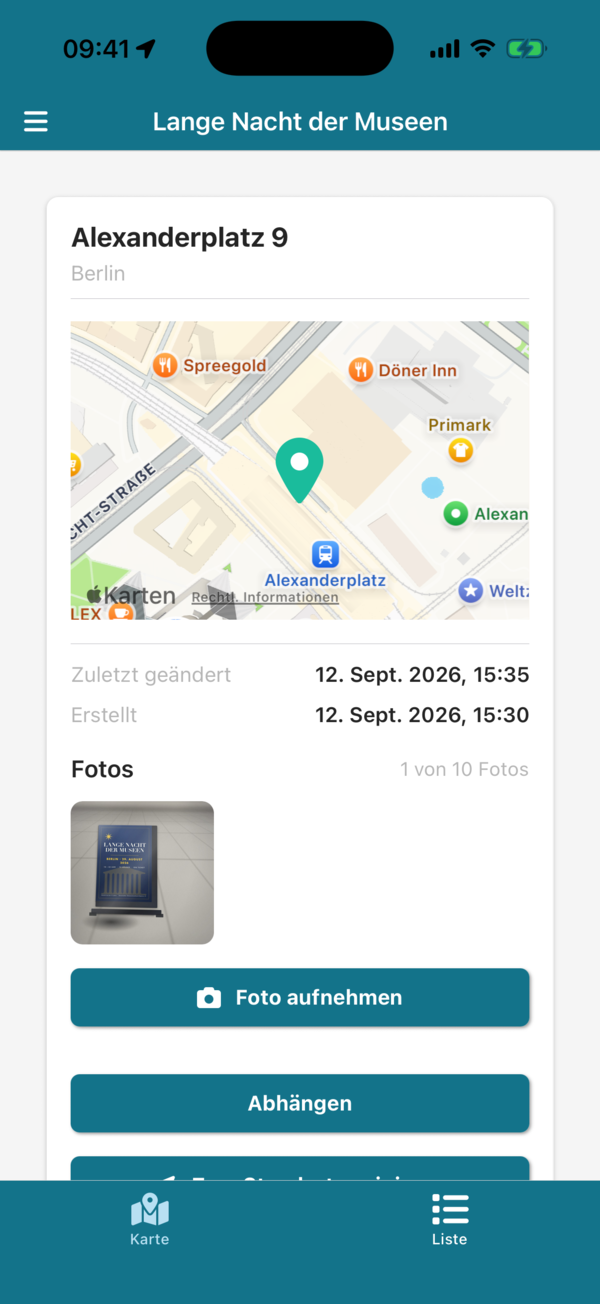 Plakatdetails in der App mit dem Bereich Fotos und der Schaltfläche Foto aufnehmen