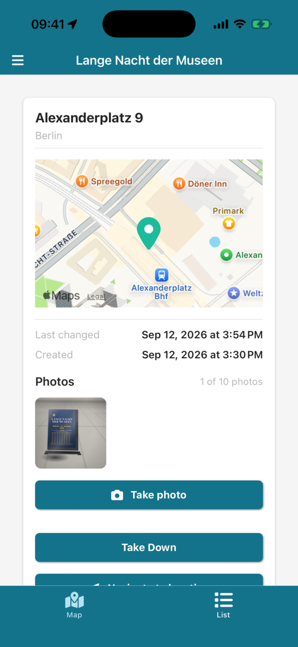 Poster details in the app with the Photos section and the Take photo button